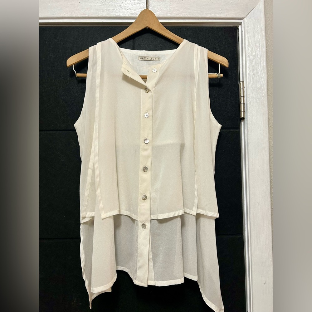 Matthildur White Linen Layered Asymmetrical Hem Sleeveless Vest, Size P